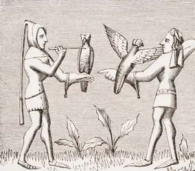 Fauconniers habillant leurs oiseaux, reproduction d